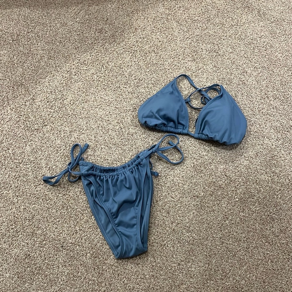 blue bikini, top and bottoms.